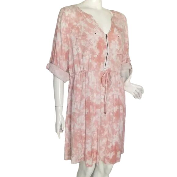 TORRID Shirt Dress, 3/3X, Pink/White, Tab Sleeves, Drawstring Waist, Zip Front - Picture 3 of 16